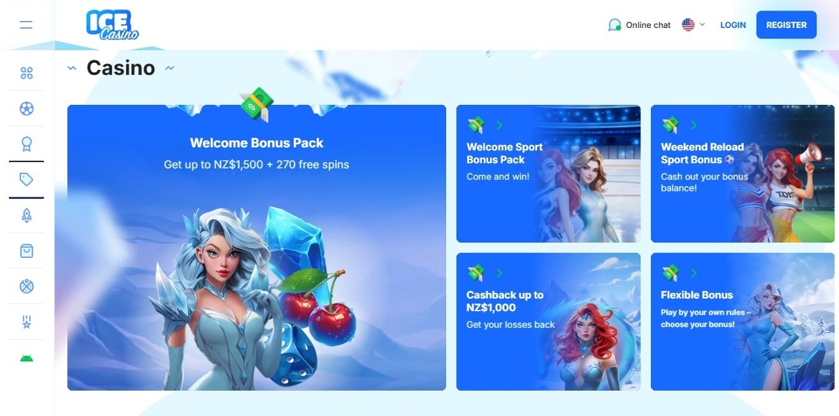 Ice Casino bonus page showing the casino exclusive bonuses